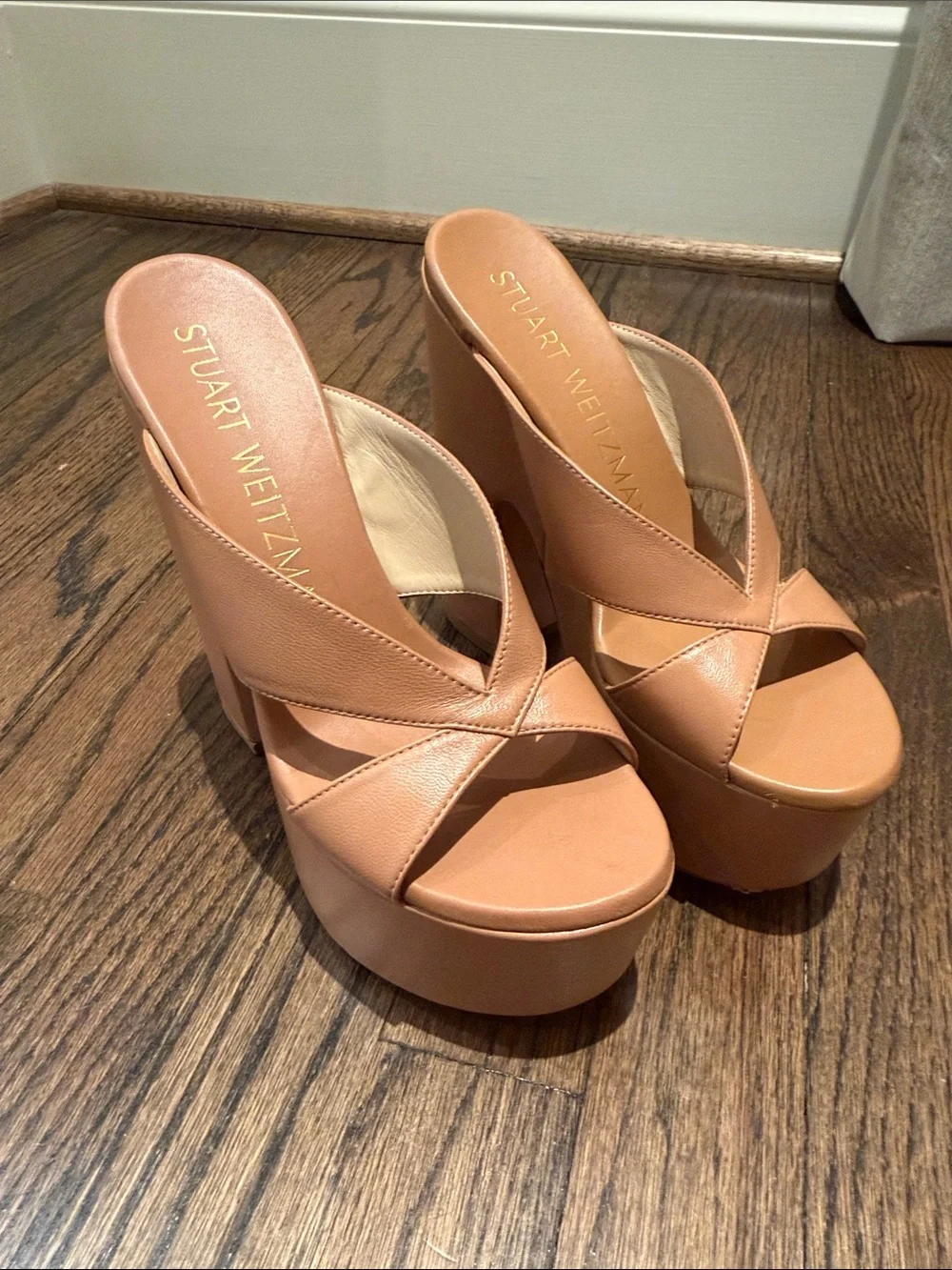 Stuart Weitzman Tan Leather Crisscross Platform Mules